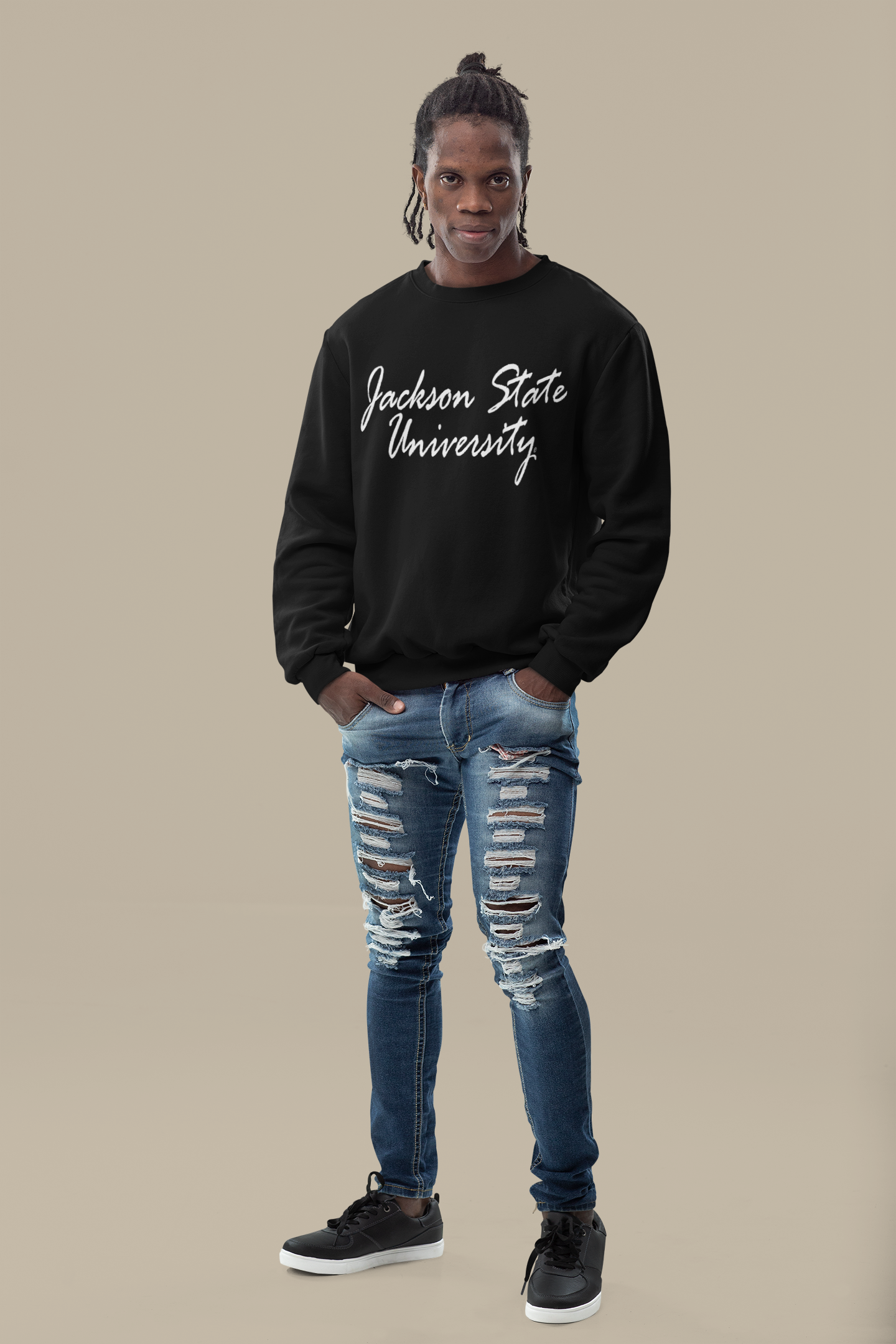 Black unisex sweatshirt with white script university logo