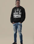 Black sweatshirt with Respect Our House puff-print graphic, crew neck