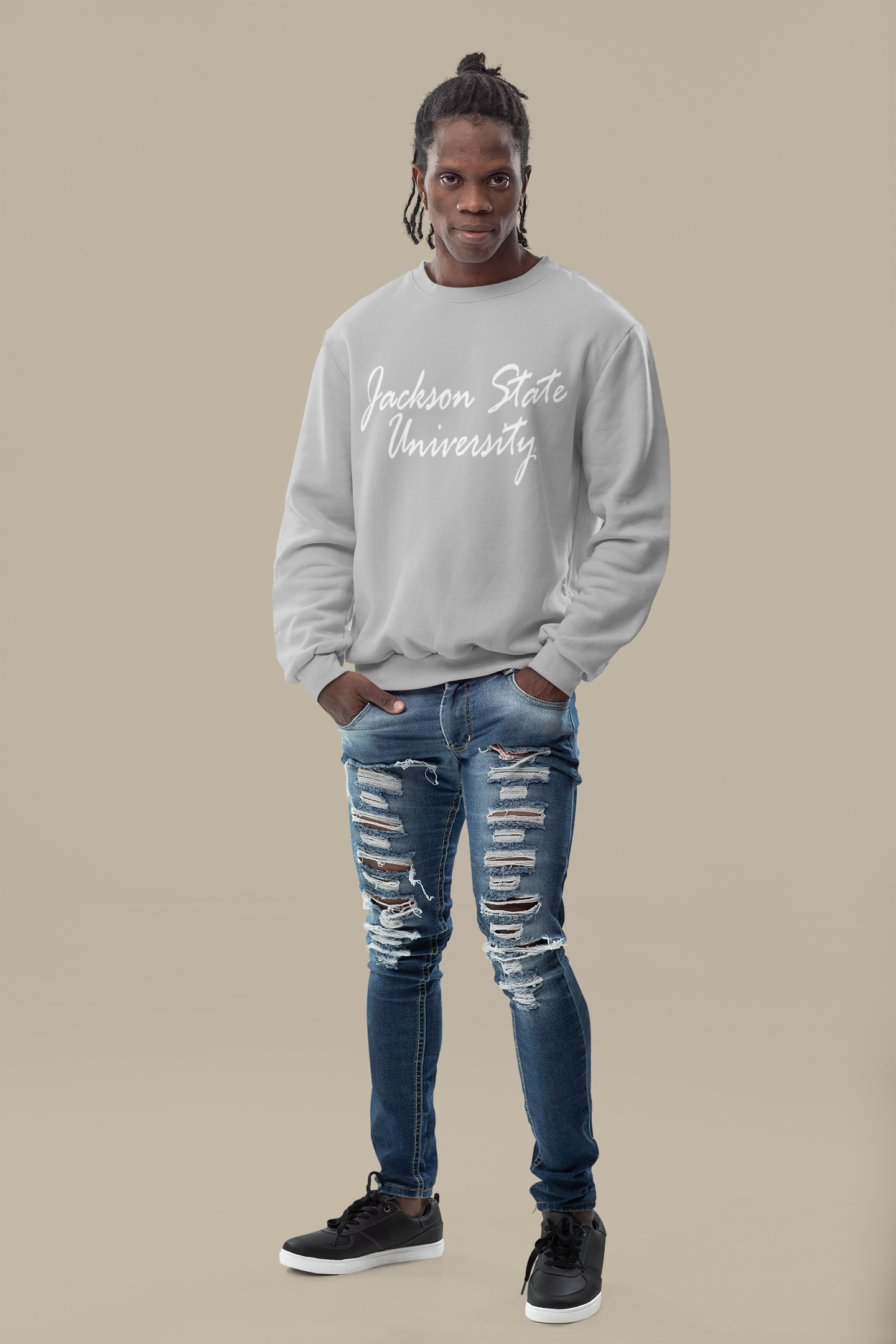 White unisex sweatshirt with white script university logo
