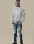 White unisex sweatshirt with white script university logo