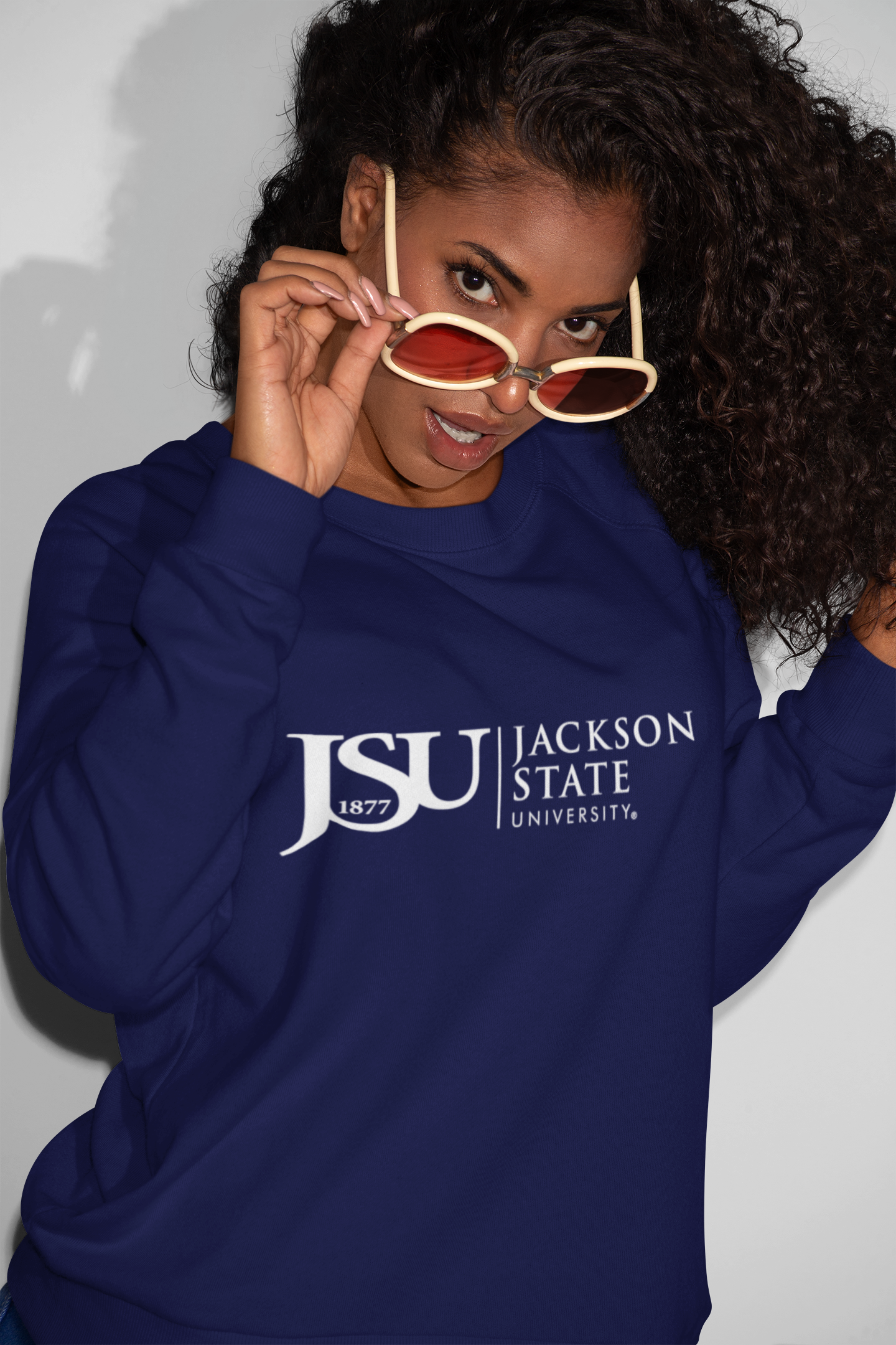 Navy unisex crewneck sweatshirt with JSU 1877 front logo