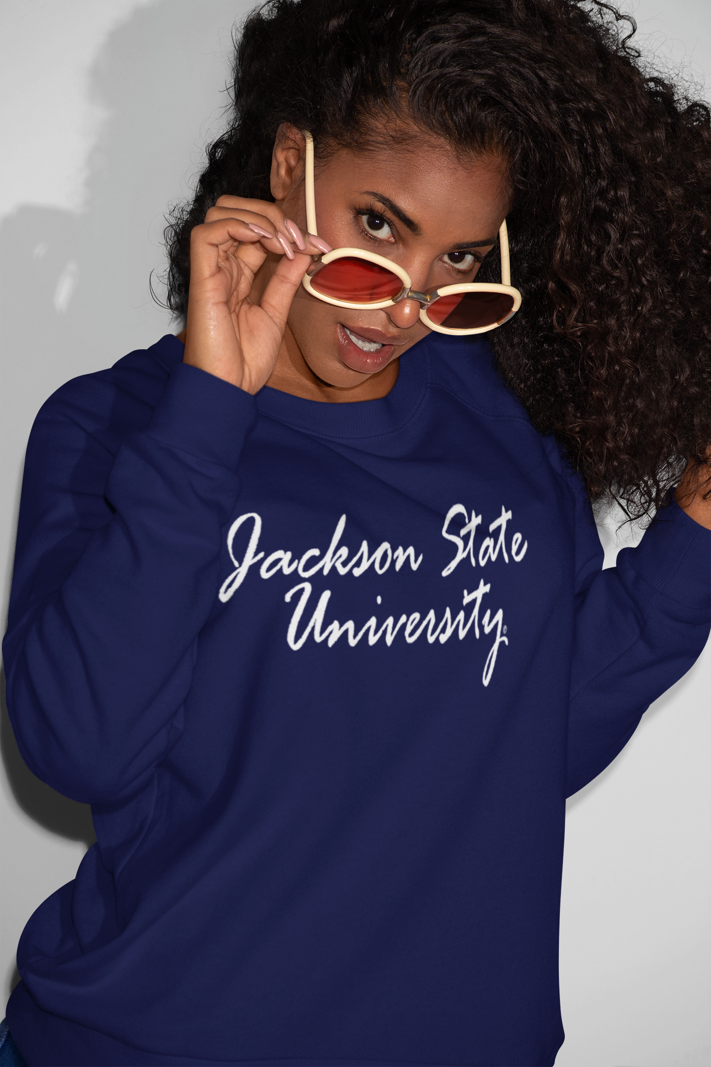 Navy unisex sweatshirt with white script university logo