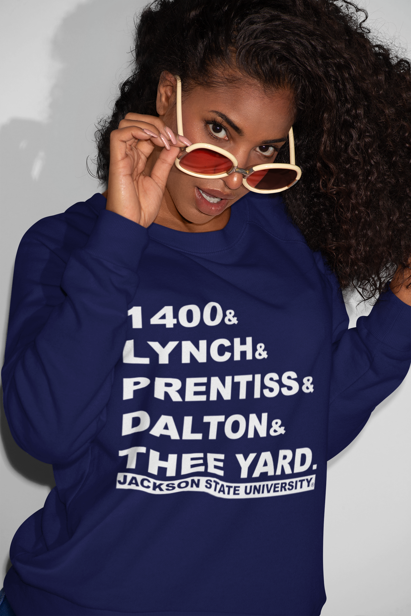 Navy crewneck sweatshirt with '1400&amp; LYNCH&amp; PRENTISS&amp; DALTON&amp; THEE YARD' print