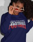 Navy crewneck football sweatshirt with stacked JACKSON STATE UNIVERSITY logo graphic