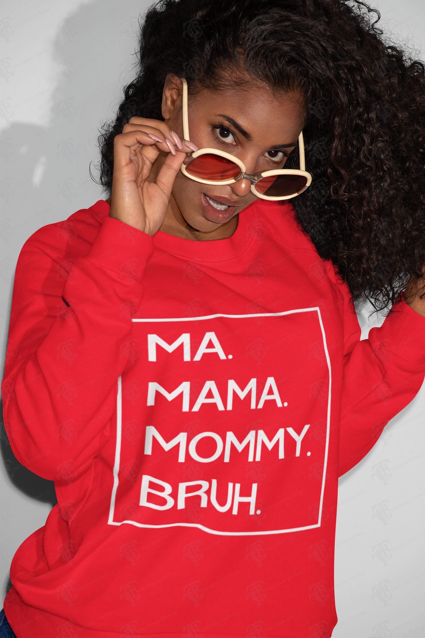 Red crewneck sweatshirt with white 'MA. MAMA. MOMMY. BRUH.' text box