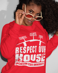 Red sweatshirt with Respect Our House puff-print graphic, crew neck, long sleeves
