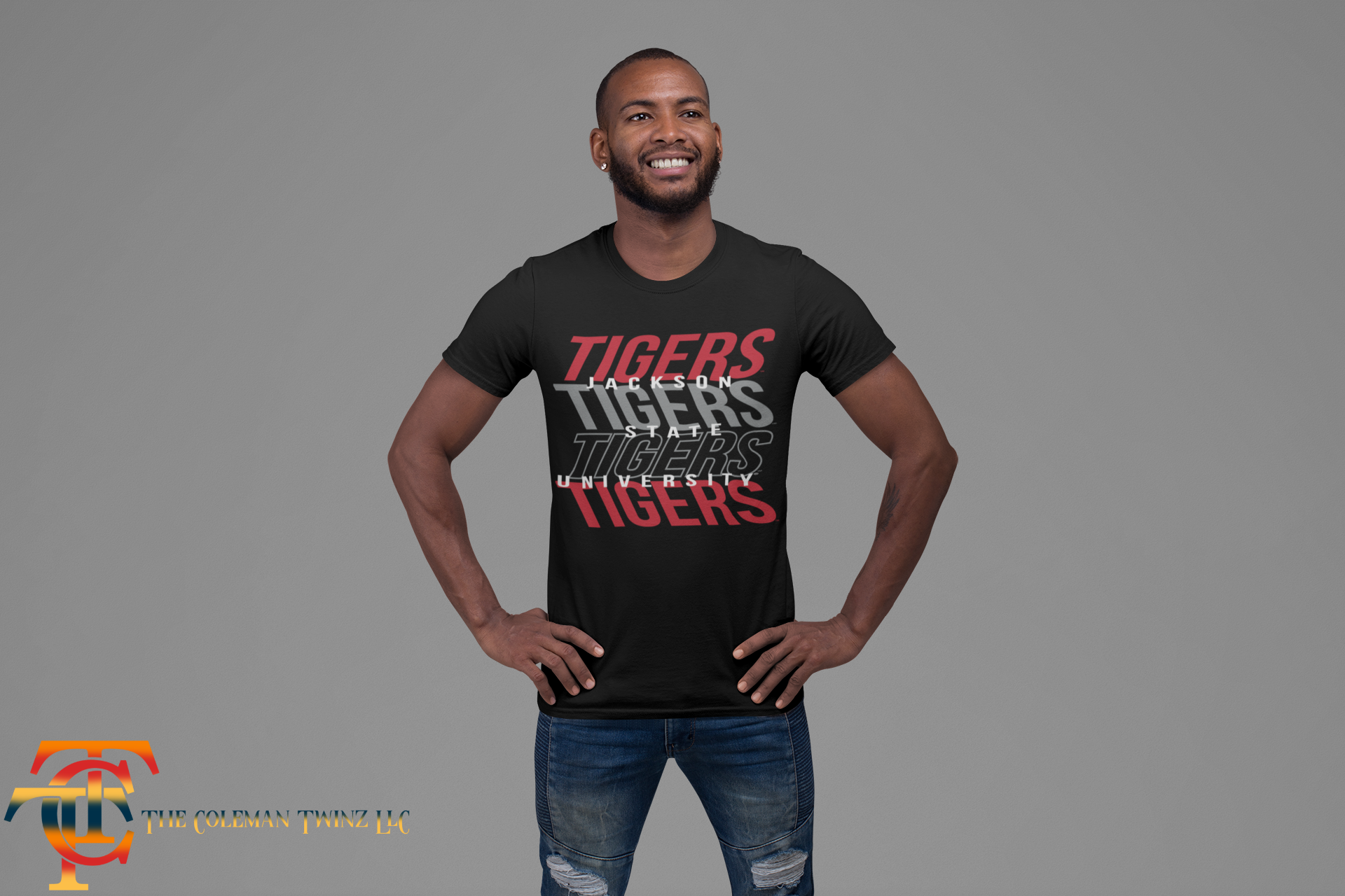Black crew-neck short-sleeve T-shirt with Tigers graphic on front.