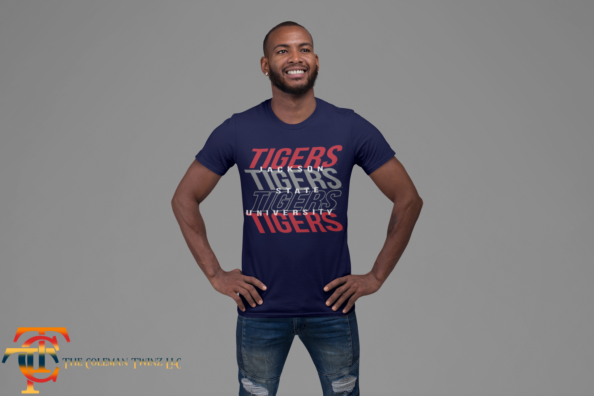 Navy crew-neck short-sleeve T-shirt with Tigers graphic on front.