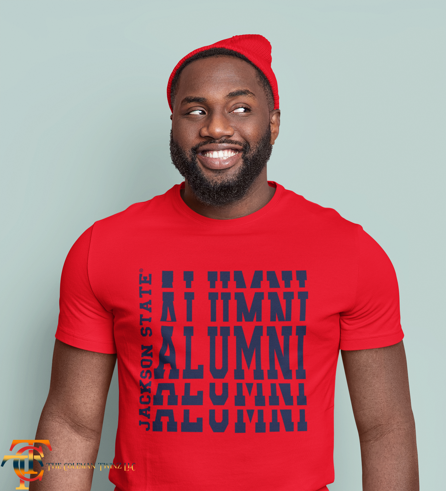 Red crew neck t-shirt with stacked alumni logo print on front, worn by model