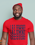 Red crew neck t-shirt with stacked alumni logo print on front, worn by model