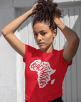 Red short-sleeve T-shirt with white 'I Am Black History' map graphic, model wearing