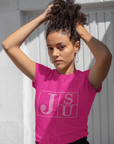 Fuchsia crew-neck T-shirt with rhinestone block TS and JU lettering on chest
