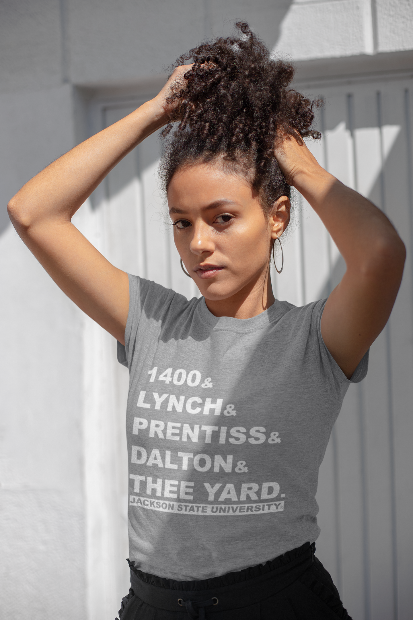 Gray crewneck T-shirt with white block graphic text