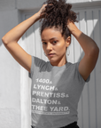 Gray crewneck T-shirt with white block graphic text