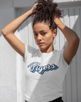 Light heather gray crew-neck T-shirt with retro Tigers team graphic, worn by model