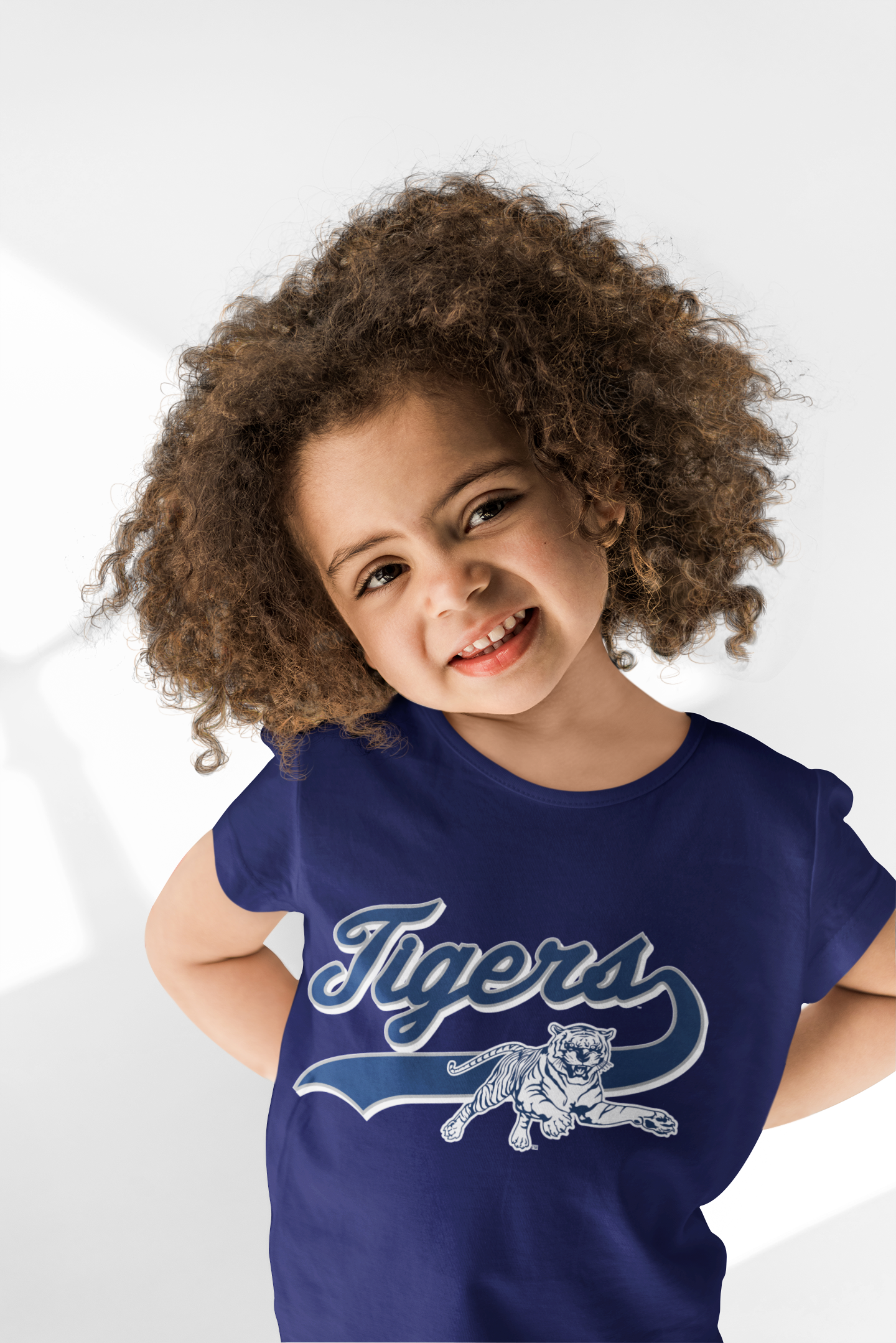 Toddler crewneck T-shirt, navy blue, leaping Tigers graphic, worn by child