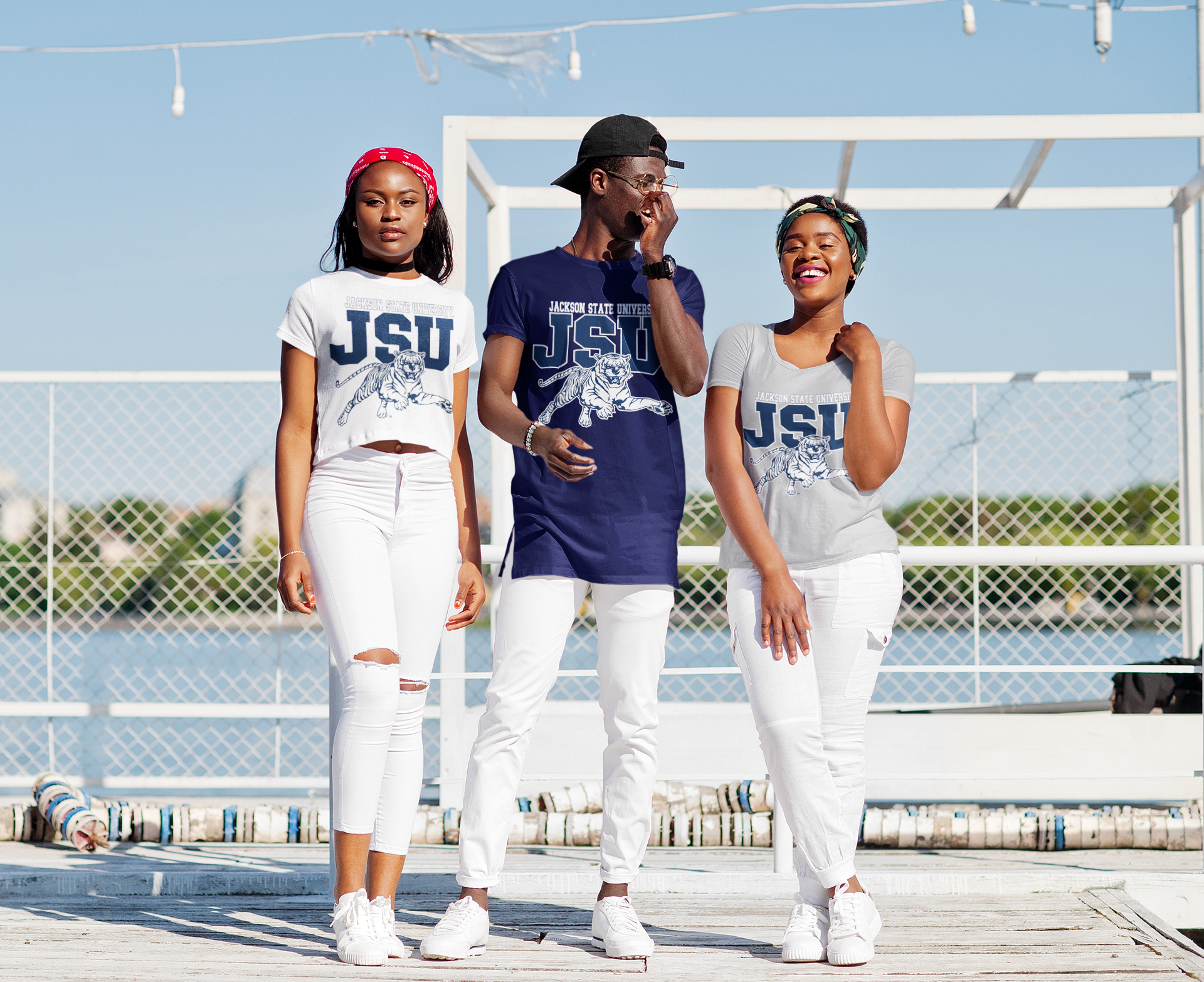 Navy blue unisex crew-neck T-shirt with JSU leaping tiger graphic and lettering