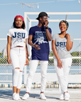 Navy blue unisex crew-neck T-shirt with JSU leaping tiger graphic and lettering