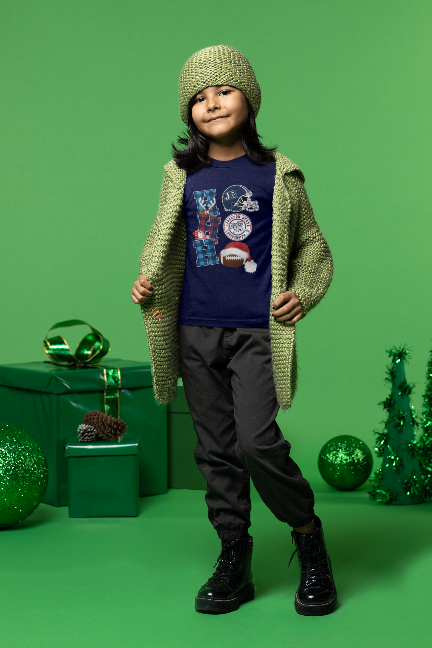 Youth Christmas T-shirt, navy crew neck with football and helmet team graphic