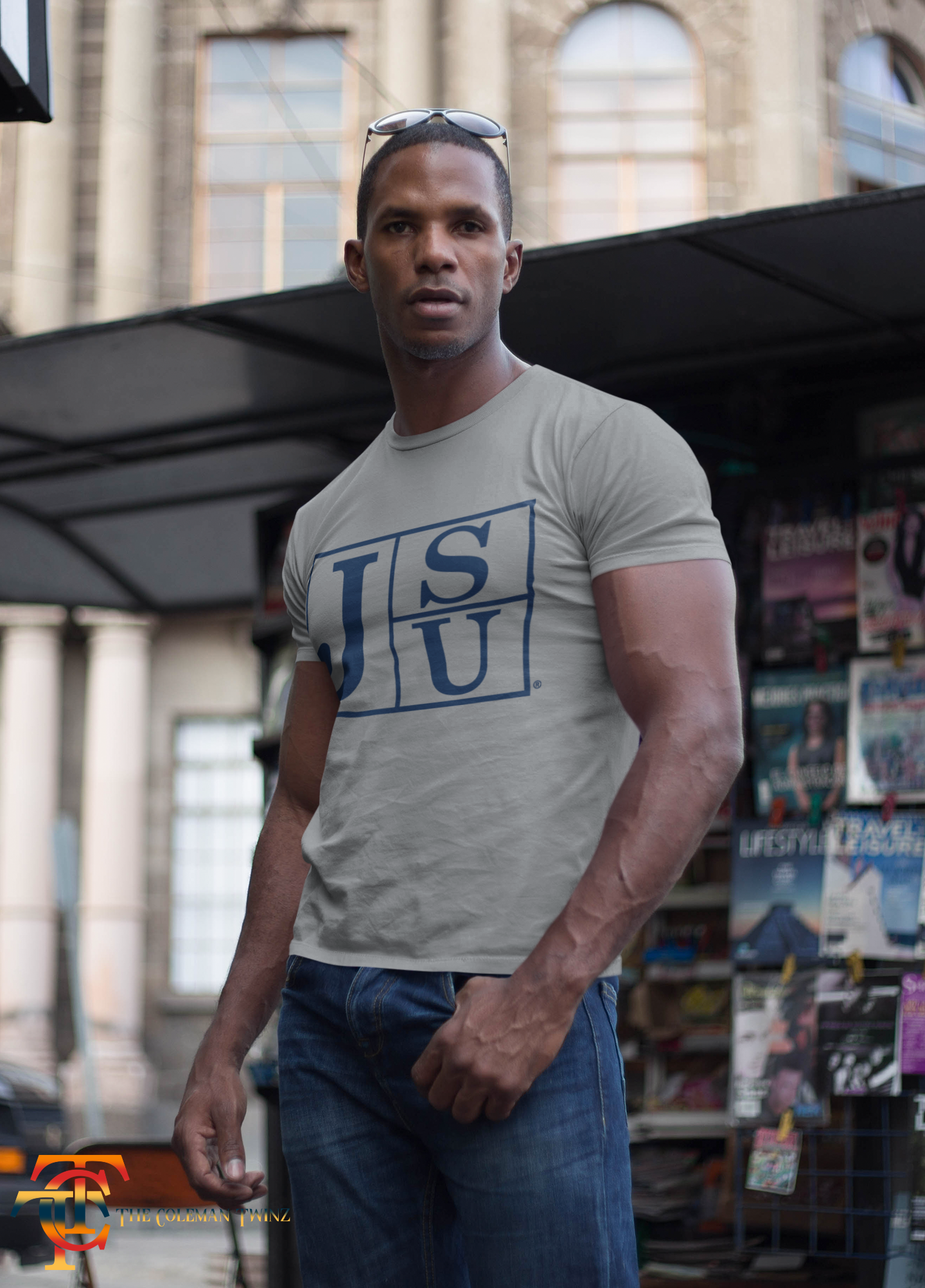 Gray crew-neck short-sleeve T-shirt with blue JSU block-letter logo on front