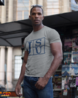 Gray crew-neck short-sleeve T-shirt with blue JSU block-letter logo on front