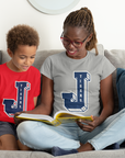 Two toddlers wearing red and light gray crewneck T-shirts with Tigers J logos