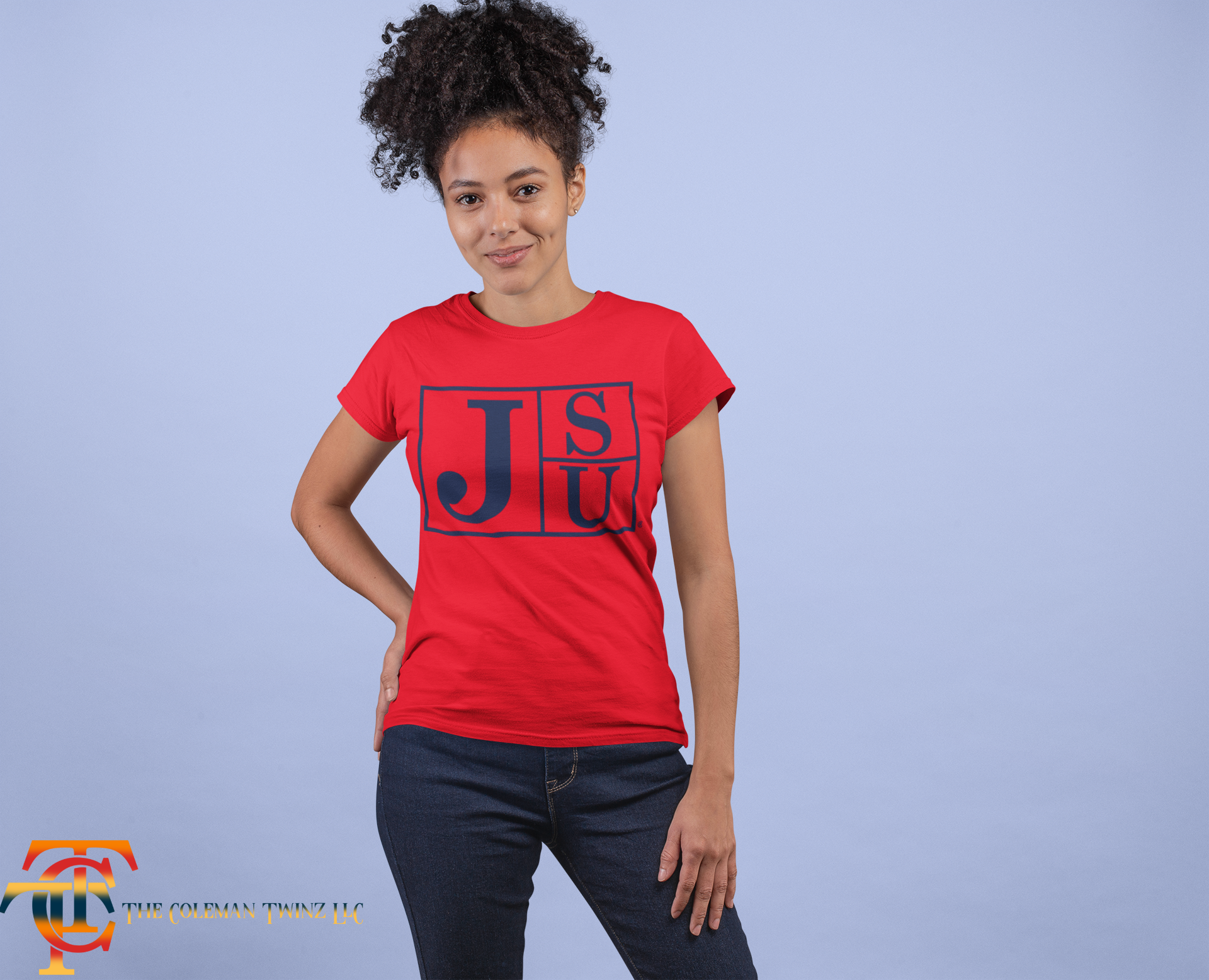 Red crew-neck short-sleeve T-shirt with blue JSU block-letter logo on front