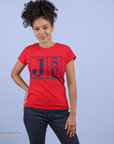 Red crew-neck short-sleeve T-shirt with blue JSU block-letter logo on front