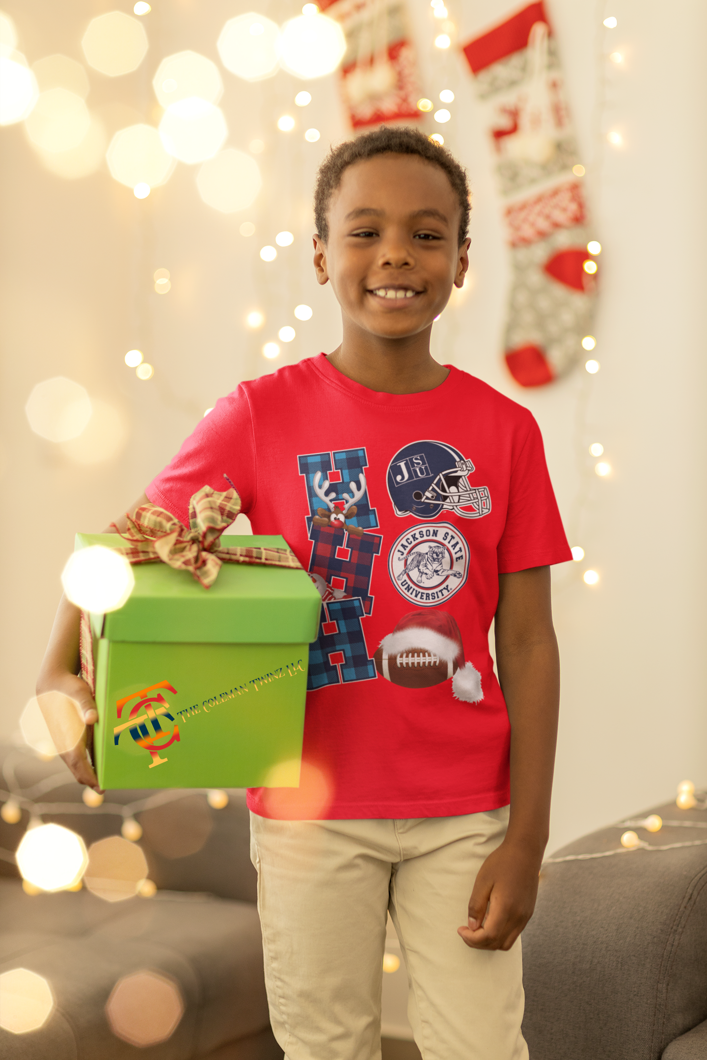 Youth Christmas T-shirt, red crew neck with football and helmet team graphic