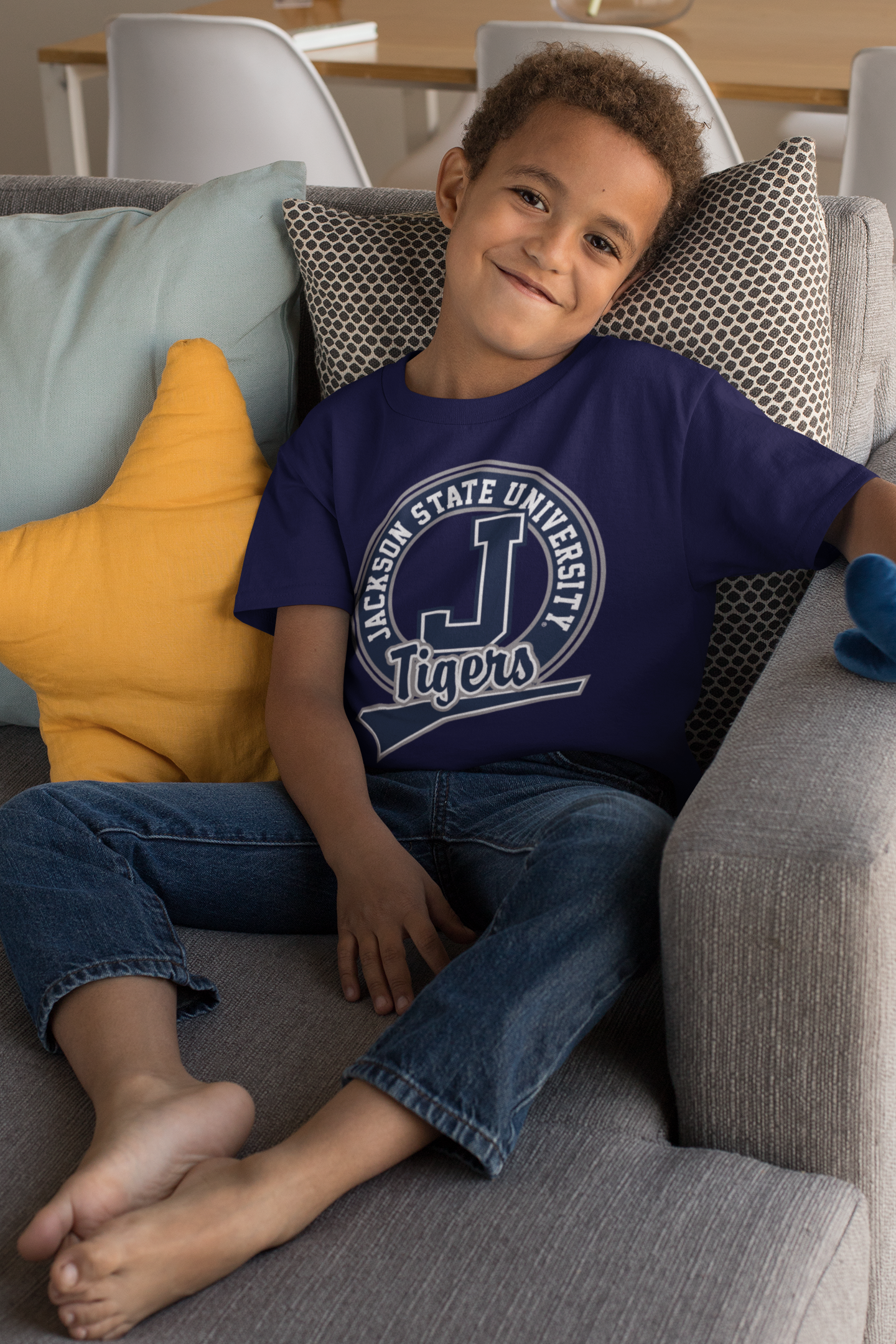 Navy youth crew-neck short-sleeve T-shirt with Tigers circular logo on chest