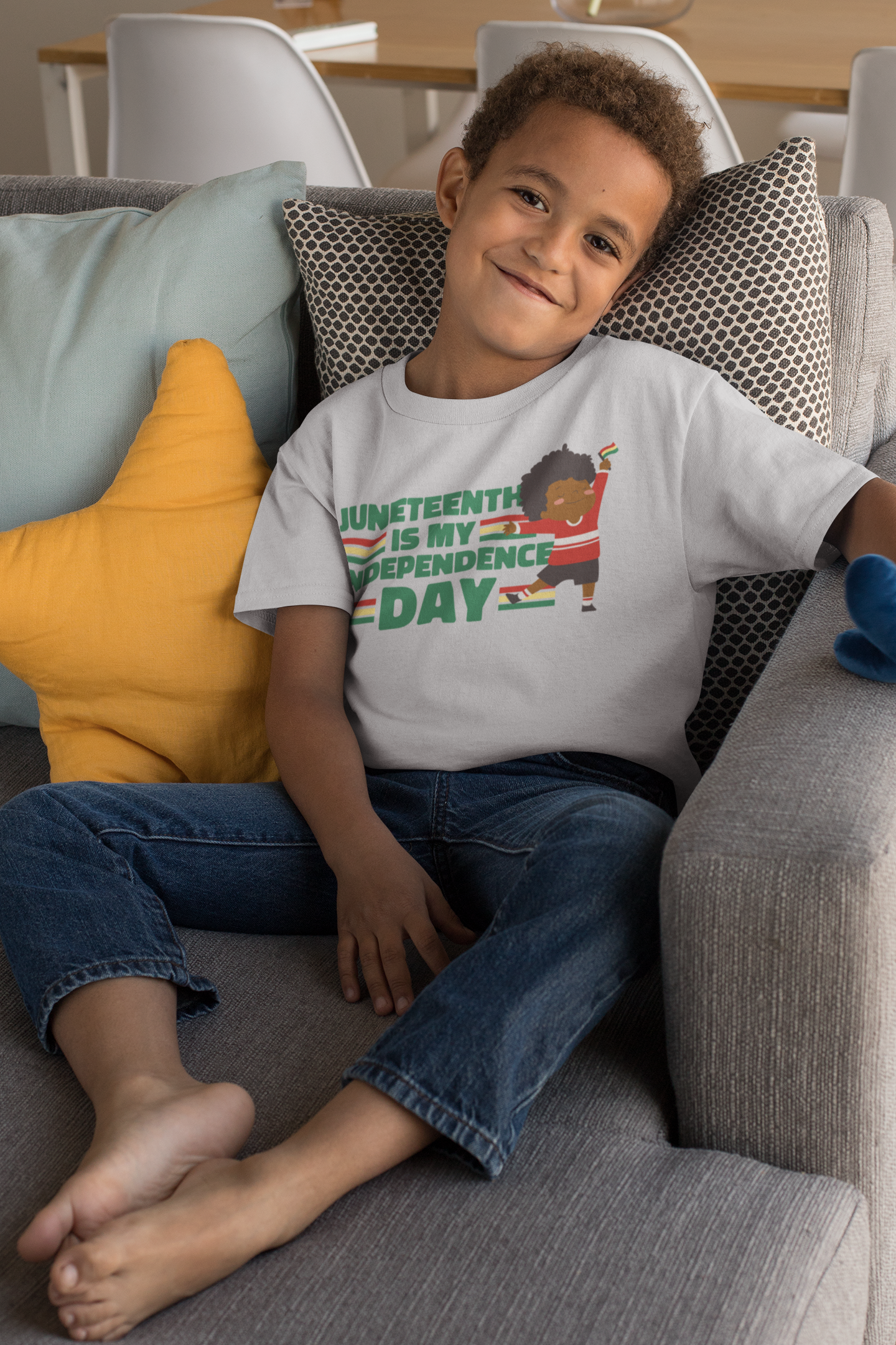 Kids' Juneteenth T-shirt in white with colorful Independence Day dancer graphic