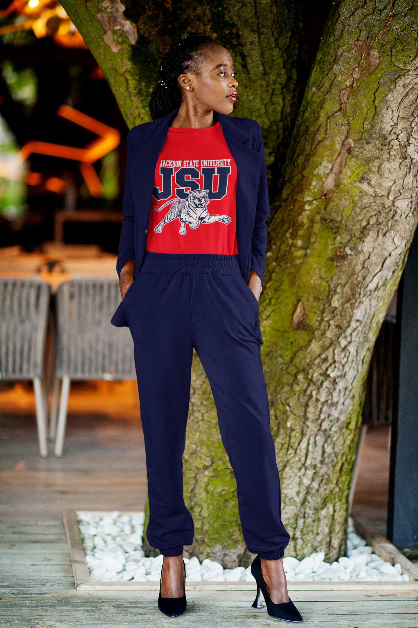 Navy blue zip-top? no—navy unisex crew-neck T-shirt with JSU leaping tiger graphic