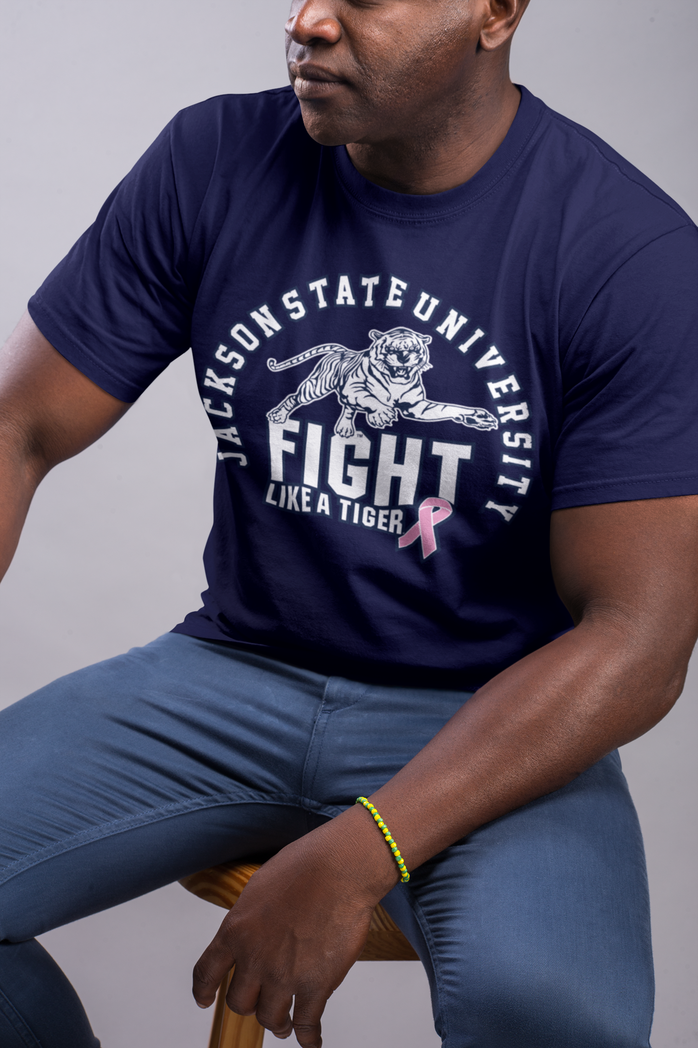 Navy unisex crewneck T-shirt with circular tiger graphic and ribbon awareness print
