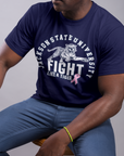 Navy unisex crewneck T-shirt with circular tiger graphic and ribbon awareness print
