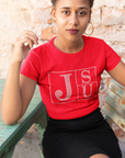 Red crew-neck T-shirt with rhinestone block TS and JU lettering on chest