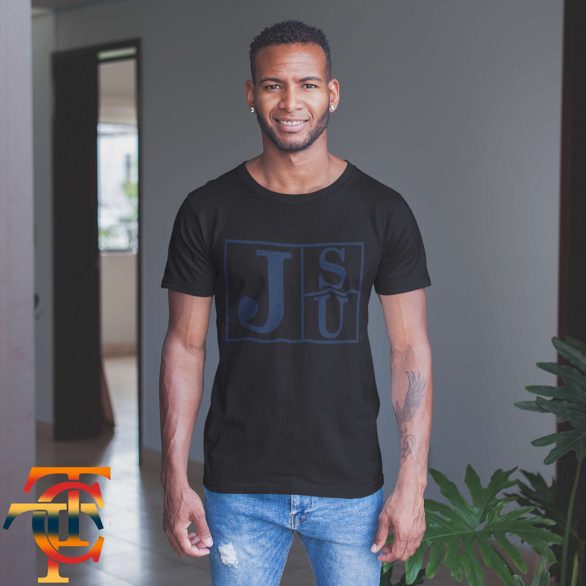 Black crew-neck short-sleeve T-shirt with blue JSU block-letter logo on front