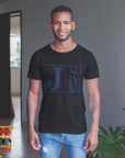 Black crew-neck short-sleeve T-shirt with blue JSU block-letter logo on front