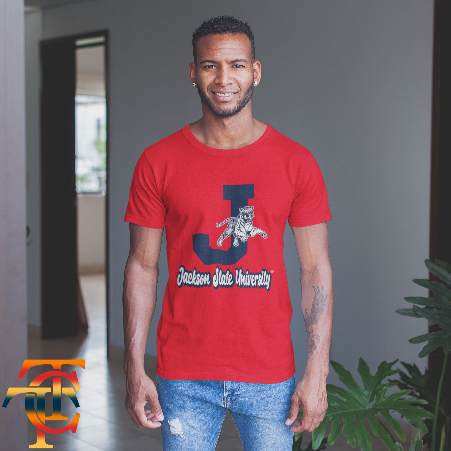 Red short-sleeve crew neck T-shirt with leaping tiger and university text front graphic