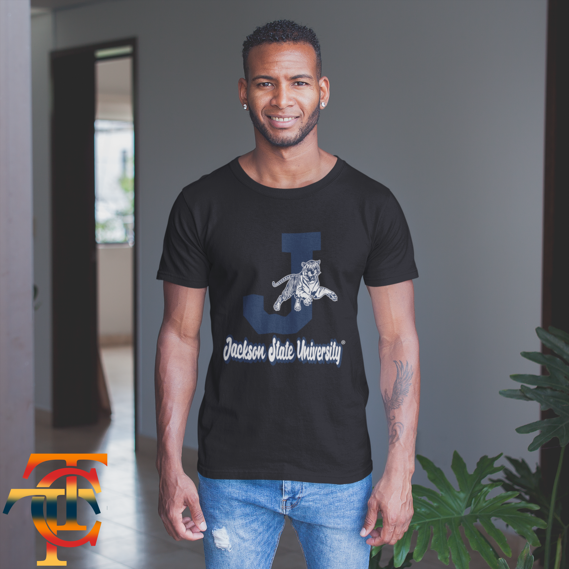 Black short-sleeve crew neck T-shirt with leaping tiger and university text graphic