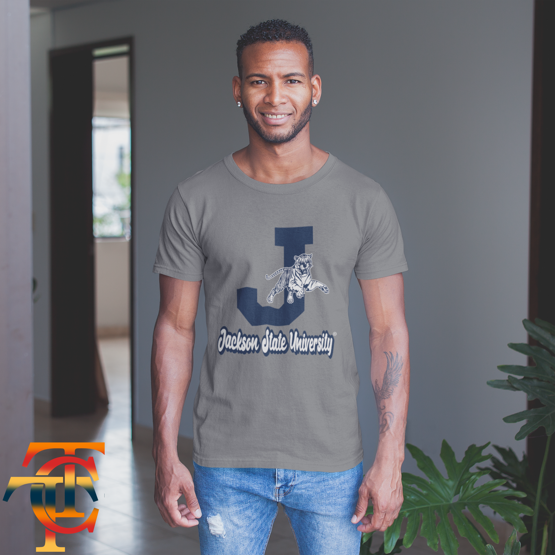 Gray short-sleeve crew neck T-shirt with leaping tiger and university text front graphic