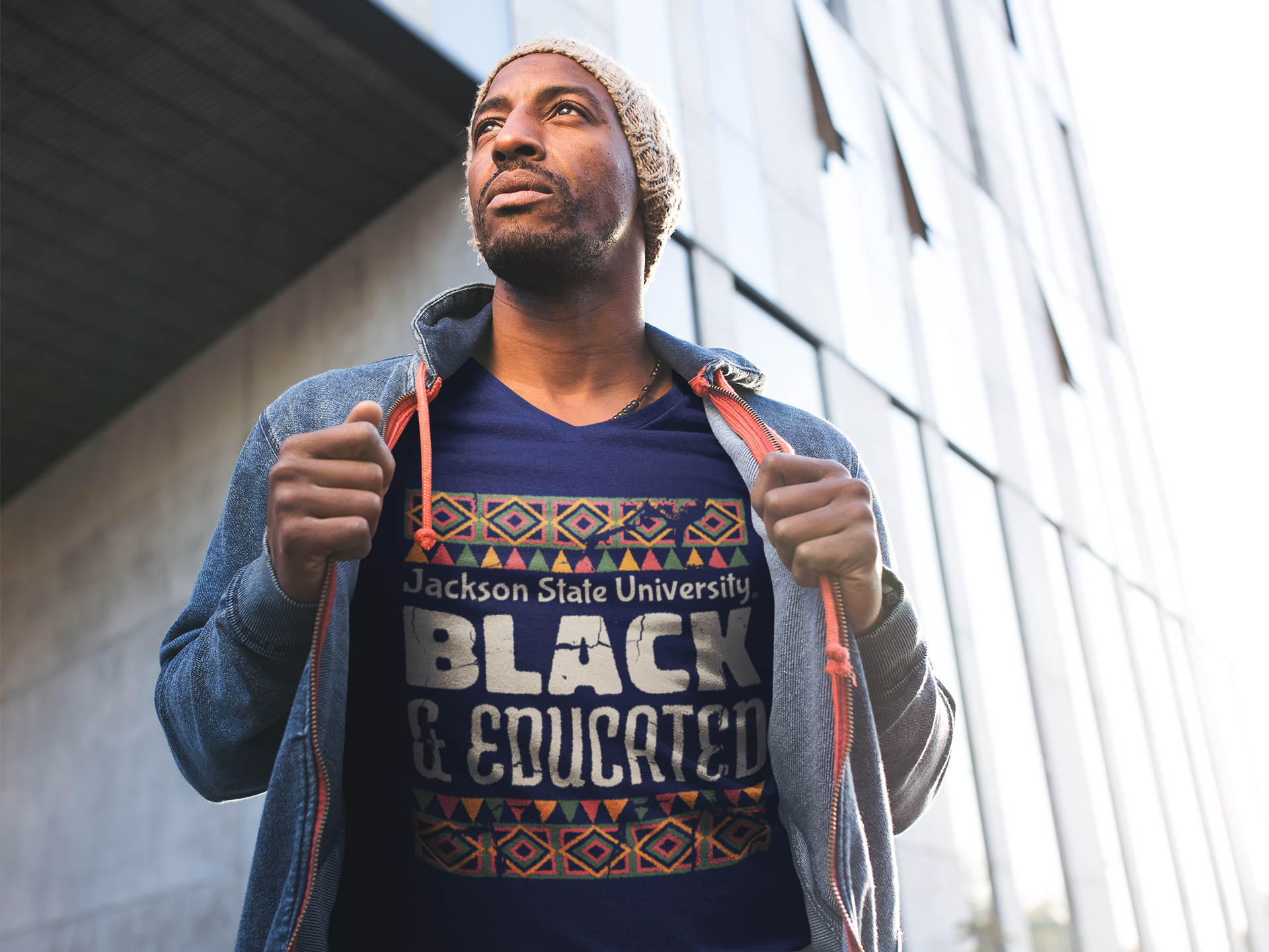 Navy blue V-neck short-sleeve T-shirt with "BLACK &amp; EDUCATED" graphic