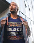 Navy blue V-neck short-sleeve T-shirt with "BLACK & EDUCATED" graphic