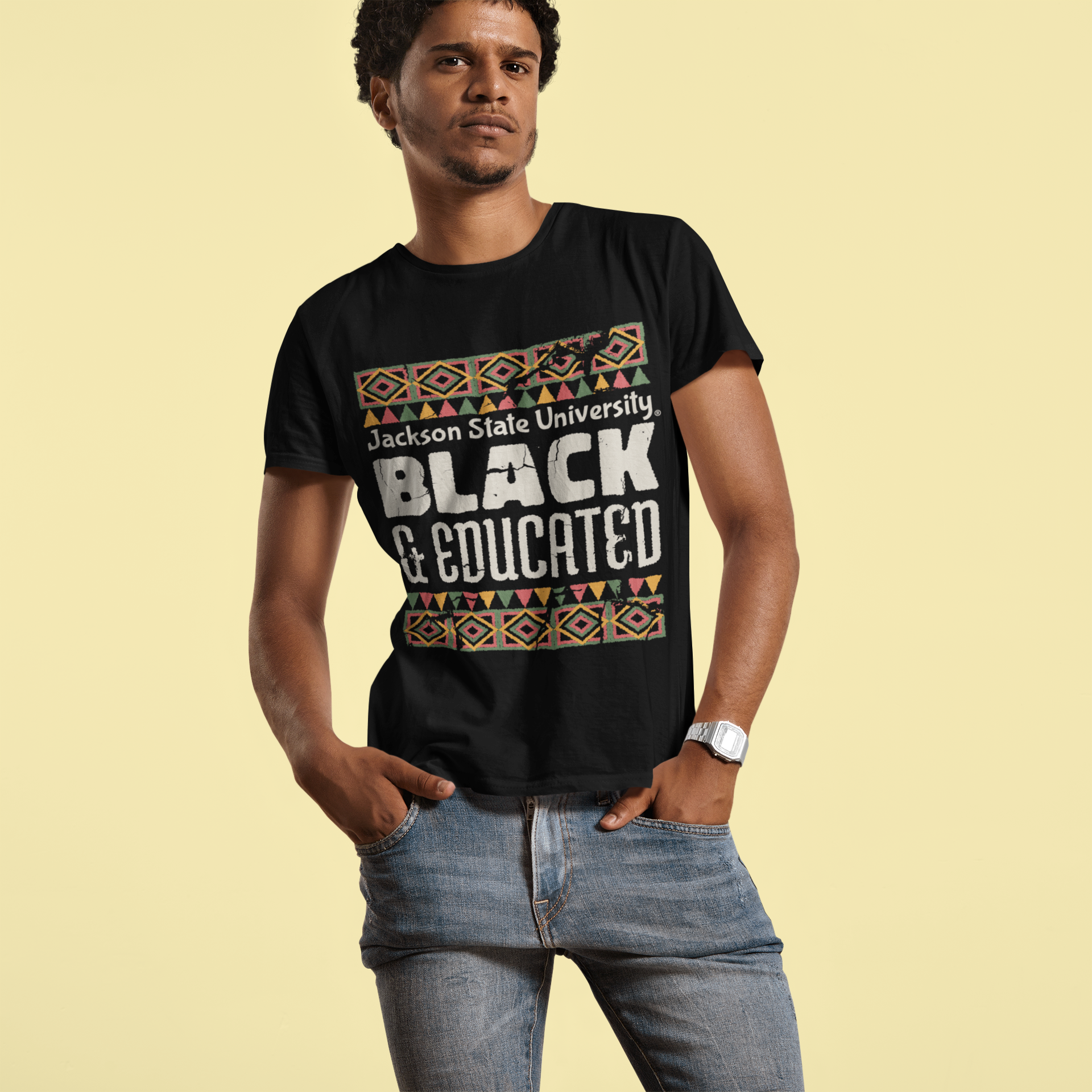Black crew neck short sleeve T-shirt worn by a man, featuring 'BLACK &amp; Educated' text logo.