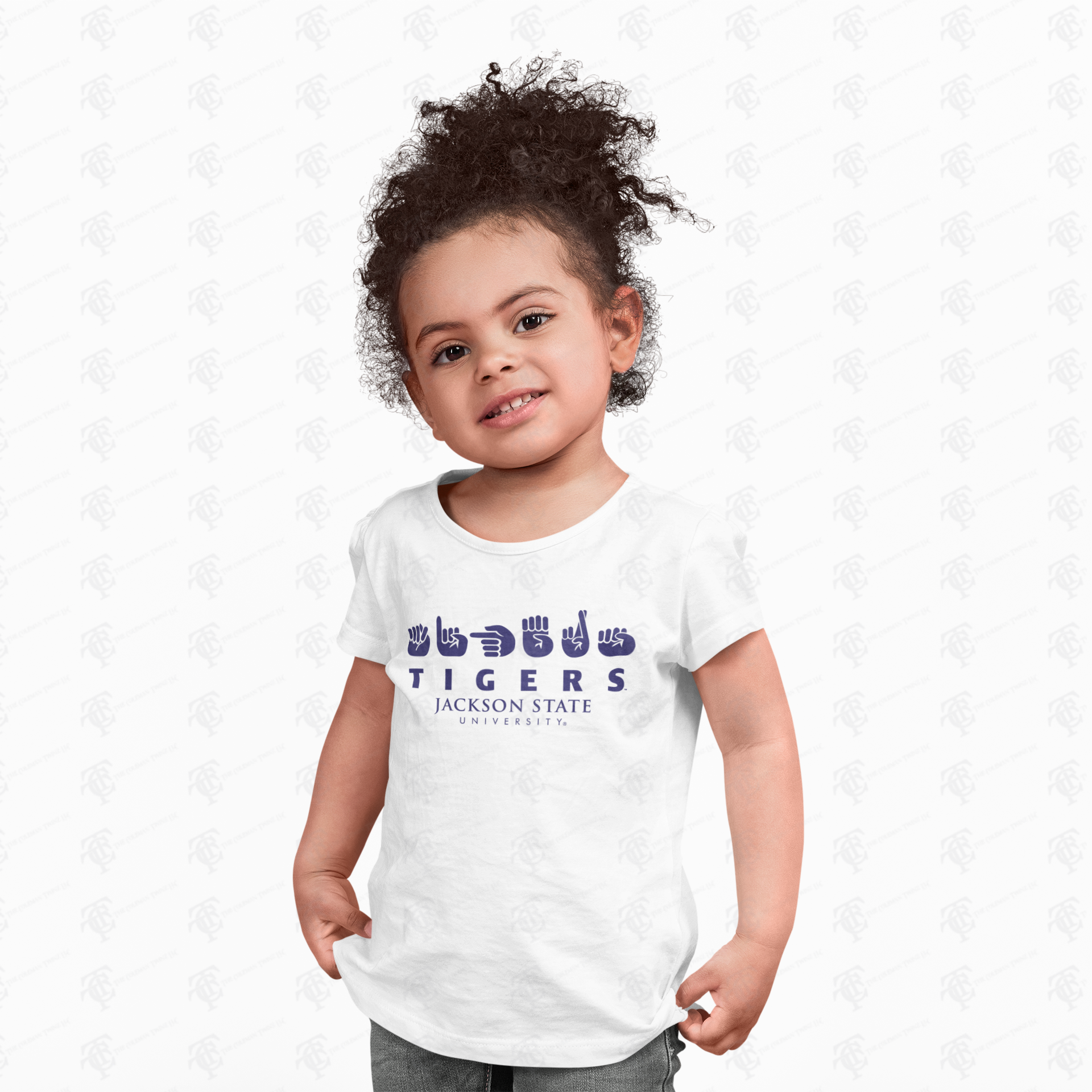 White toddler crew neck T-shirt with Tigers and Jackson State University logo front print