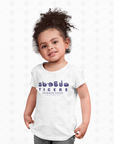 White toddler crew neck T-shirt with Tigers and Jackson State University logo front print