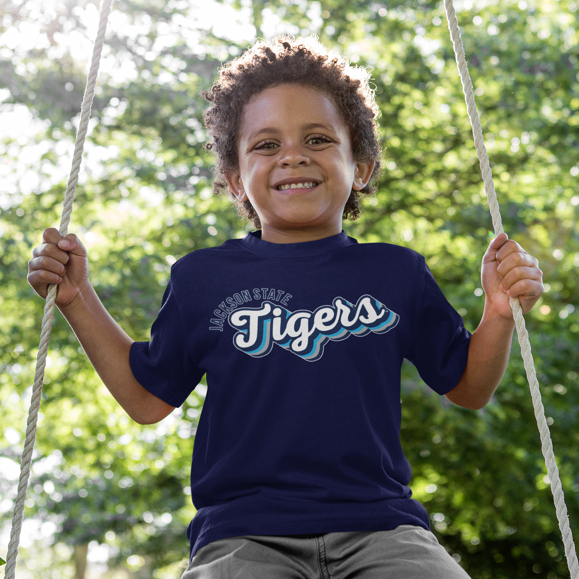 Navy youth t-shirt with crew neck and Tigers logo front graphic.