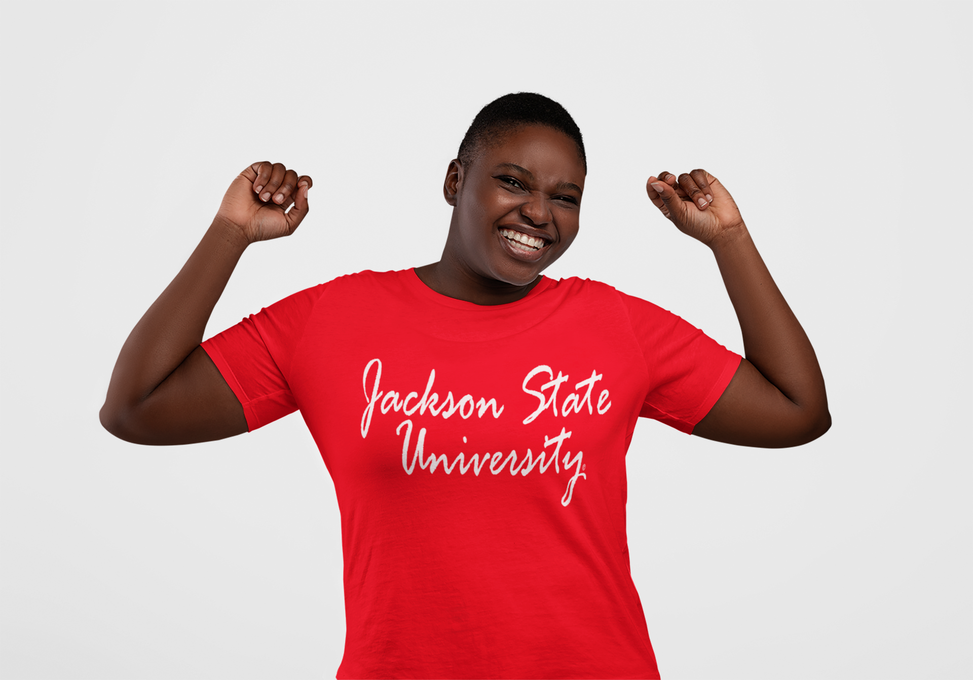 Red short-sleeve crew neck t-shirt with white “Jackson State University” script, on model
