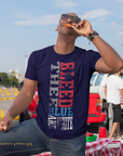 Unisex crew neck T-shirt, dark blue with vertical Tigers graphic in red white and blue