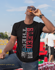 Unisex crew neck T-shirt, black with vertical Tigers graphic in red white and blue