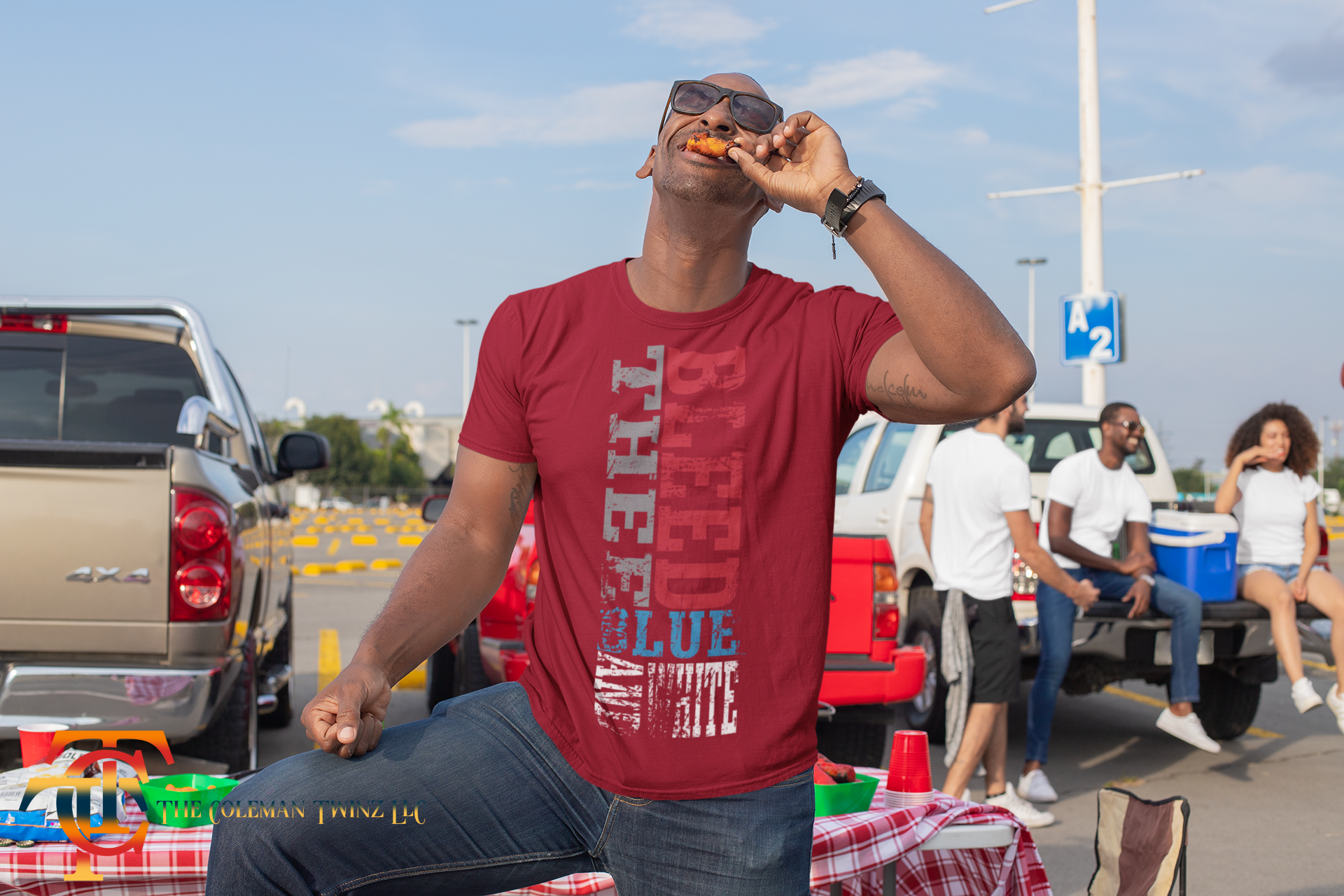 Unisex crew neck T-shirt, red with vertical Tigers graphic in white blue and dark red